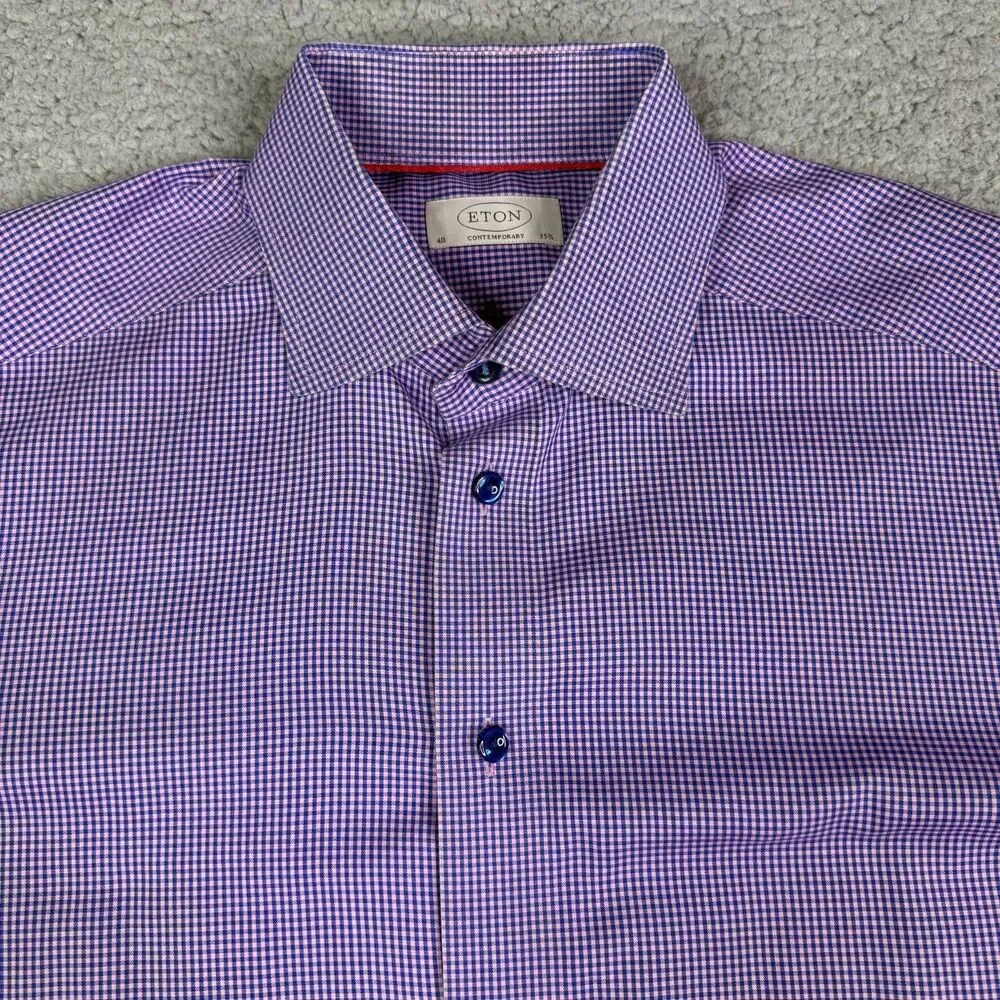 Eton Shirt Men 40 15 3/4 Purple Gingham Check Contemporary Long Sleeve Button Up